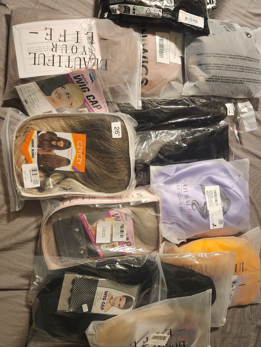 Assorted Packaged Wig Caps & Hair Pieces - Black, Blonde, Lavender, Orange